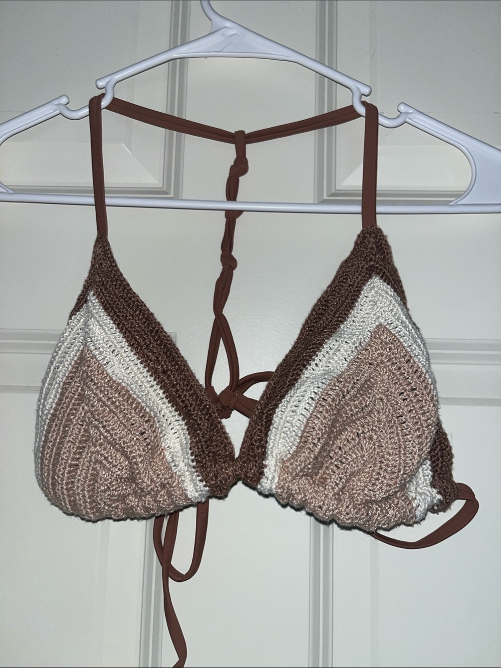 Crochet Triangle Bikini Top - Brown & Cream